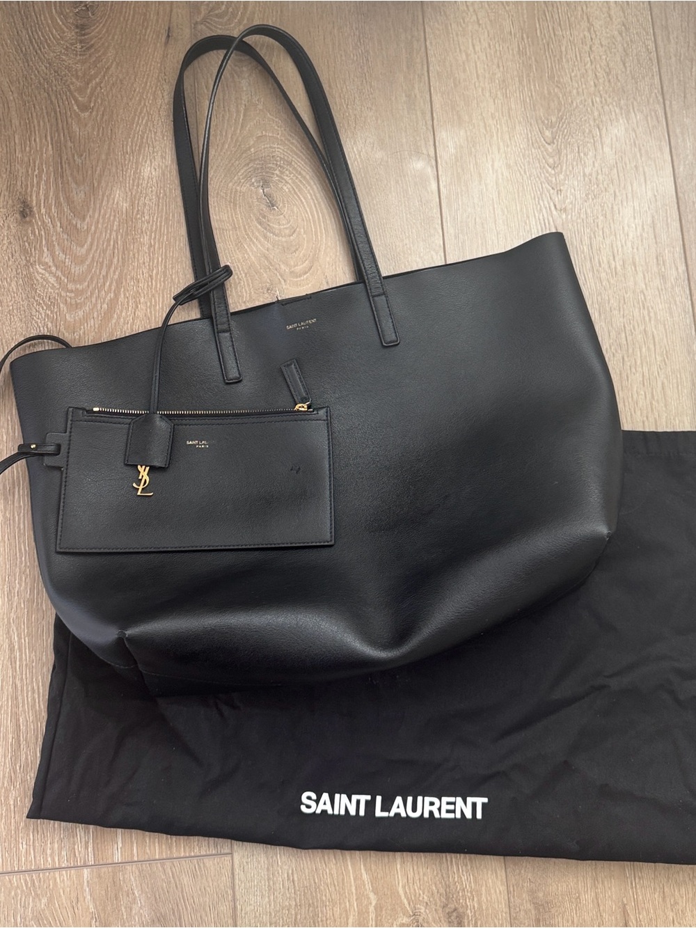 Saint Laurent Black Leather Tote with Gold YSL Pouch